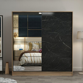 Kale H210cm Wooden Sliding Mirror Wardrobe with 2 Doors in Oak and Black