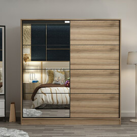 Kale H210cm Wooden Sliding Mirror Wardrobe with 2 Doors in Oak