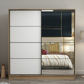 Kale H210cm Wooden Sliding Mirror Wardrobe with 2 Doors in White and Oak
