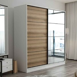 Kale Wooden Sliding Mirror Wardrobe with 2 Doors in White and Oak
