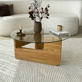 Kallisto Pine Wood Coffee Table with Clear Glass Top in Oak