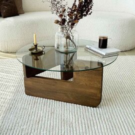 Kallisto Pine Wood Coffee Table with Clear Glass Top in Walnut