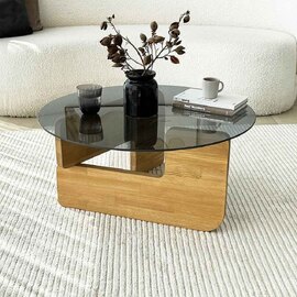 Kallisto Pine Wood Coffee Table with Fume Glass Top in Oak