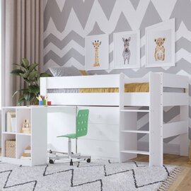 Karlstad Wooden Mid Sleeper With Desk And 3 Drawers In White