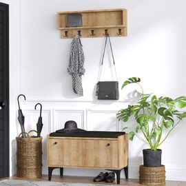 Karter Wooden Shoe Bench with Coat Rack in Oak