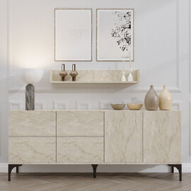 Karter Wooden Sideboard with Wall Shelf in Travertine Marble Effect