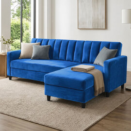 Katro Velvet L Shaped Sofa Bed in Blue