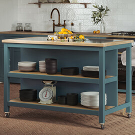 Kavala Black Granite Top Kitchen Island In Blue And Oak