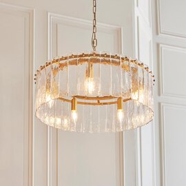 Keene 5 Light Glass Pendant Ceiling Light In Brushed Aged Brass