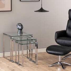 Keene Clear Glass Nest Of 3 Tables With Chrome Metal Frame