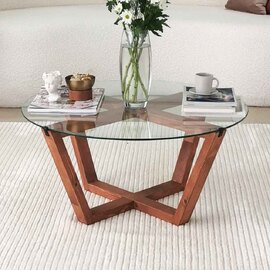 Kensai Round Glass Top Coffee Table with Wooden Base in Oak