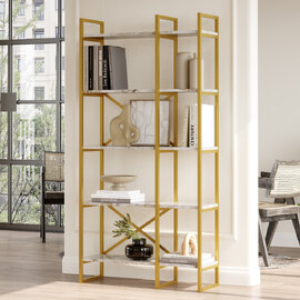 Kenza Medium Wooden Display Unit with 5 Shelves in White Marble Effect