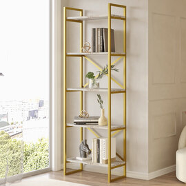 Kenza Small Wooden Display Unit with 5 Shelves in White Marble Effect
