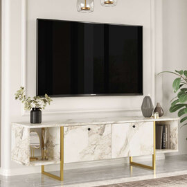 Kenza Wooden TV Stand with Gold Metal Legs in White Marble Effect
