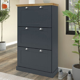 Kervan Wooden Shoe Storage Cabinet with 3 Flap Doors in Anthracite and Oak