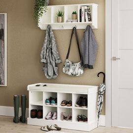 Keswick Wooden Shoe Seating Bench With Wall Coat Rack In White
