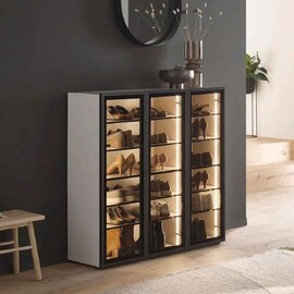 Kiana High Gloss Shoe Storage Cabinet with 3 Glass Doors in Cashmere Lacquer and LED
