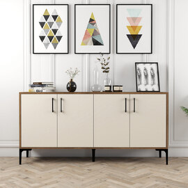 Kiev Small Wooden Sideboard with 4 Doors in Walnut and Cream