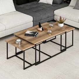 Kingsley Wooden Nest of 3 Coffee Table with Metal Frame in Walnut