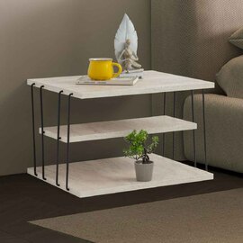 Kingsley Wooden Side Table with Black Metal Frame in Travertine Marble Effect