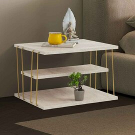 Kingsley Wooden Side Table with Gold Metal Frame in Travertine Marble Effect