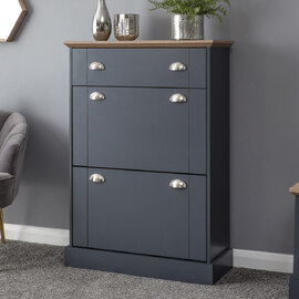 Kirkby Wooden Shoe Cabinet With 2 Flap Doors In Slate Blue And Oak