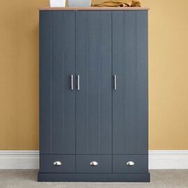 Kirkby Wooden Wardrobe With 3 Doors 3 Drawers In Slate Blue And Oak