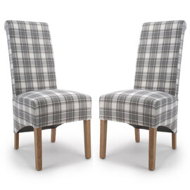 Kyoto Check Cappuccino Fabric Dining Chairs With Oak Leg In Pair