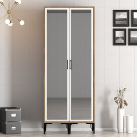 Kumsal Mirrored Wardrobe with 2 Doors in White and Walnut