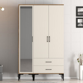 Kumsal Wooden Mirror Wardrobe with 3 Doors in Cream and Walnut