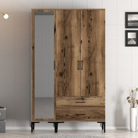 Kumsal Wooden Mirror Wardrobe with 3 Doors in Walnut