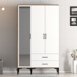 Kumsal Wooden Mirror Wardrobe with 3 Doors in White and Walnut