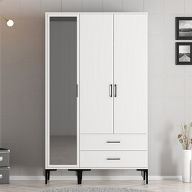 Kumsal Wooden Mirror Wardrobe with 3 Doors in White
