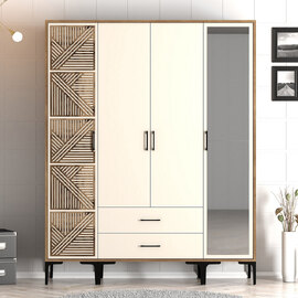 Kumsal Wooden Mirror Wardrobe with 4 Doors 2 Drawers in Cream and Walnut