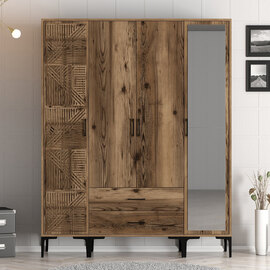Kumsal Wooden Mirror Wardrobe with 4 Doors 2 Drawers in Walnut