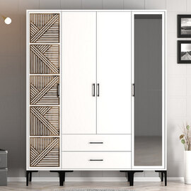 Kumsal Wooden Mirror Wardrobe with 4 Doors 2 Drawers in White