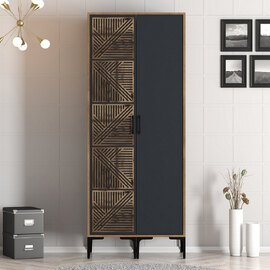Kumsal Wooden Wardrobe with 1 Anthracite Door in Walnut