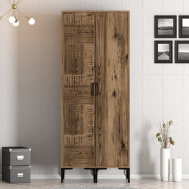 Kumsal Wooden Wardrobe with 1 Geometric Slatted Door in Walnut