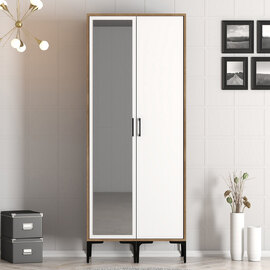 Kumsal Wooden Wardrobe with 1 Left Mirror Door in White and Walnut