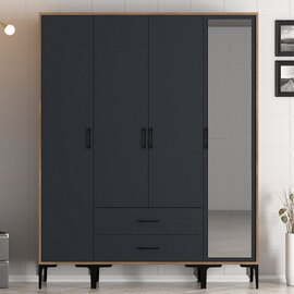 Kumsal Wooden Wardrobe with 1 Mirror Door 2 Drawers in Anthracite and Walnut