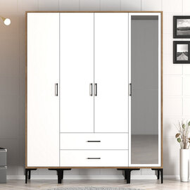 Kumsal Wooden Wardrobe with 1 Mirror Door 2 Drawers in White and Walnut