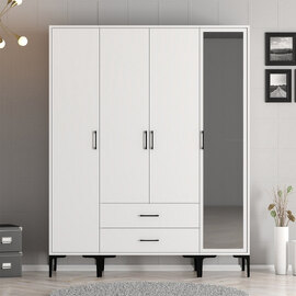 Kumsal Wooden Wardrobe with 1 Mirror Door 2 Drawers in White