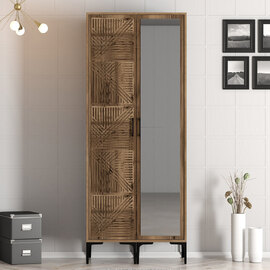 Kumsal Wooden Wardrobe with 1 Right Mirror Door in Walnut
