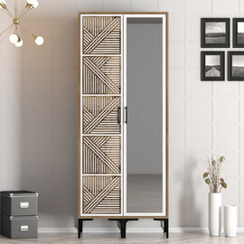 Kumsal Wooden Wardrobe with 1 Right Mirror Door in White and Walnut