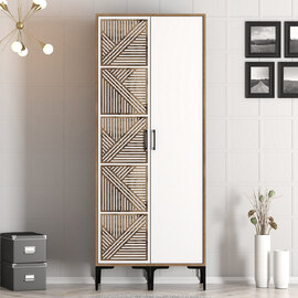 Kumsal Wooden Wardrobe with 1 White Geometric Slatted Door in Walnut
