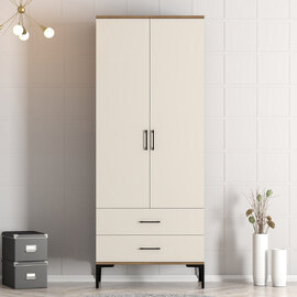 Kumsal Wooden Wardrobe with 2 Cream Doors 2 Drawers in Walnut