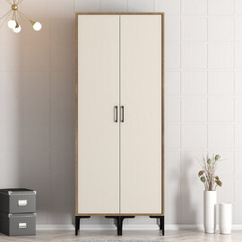 Kumsal Wooden Wardrobe with 2 Cream Doors in Walnut