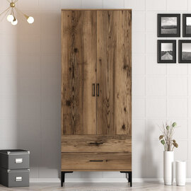 Kumsal Wooden Wardrobe with 2 Doors 2 Drawers in Walnut