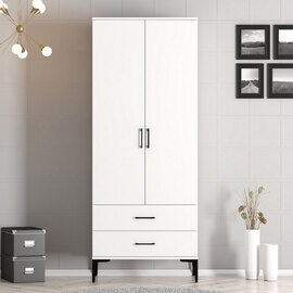 Kumsal Wooden Wardrobe with 2 Doors 2 Drawers in White