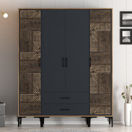 Kumsal Wooden Wardrobe with 2 Geometric Slatted Doors in Walnut and Anthracite